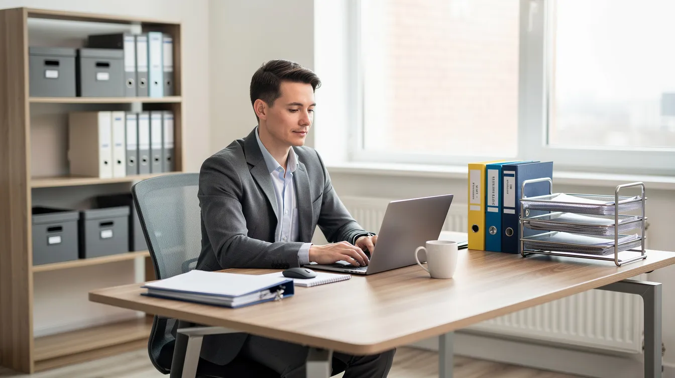b09f5a2f 6493 4a31 beaa 6ab3045d36b4 The image depicts a professional seated at a neatly organized desk, working on a laptop surrounded by well-arranged files. This setting reflects a conducive environment for managing tasks related to banking services, such as processing mudra loan applications and ensuring business growth for small business owners.