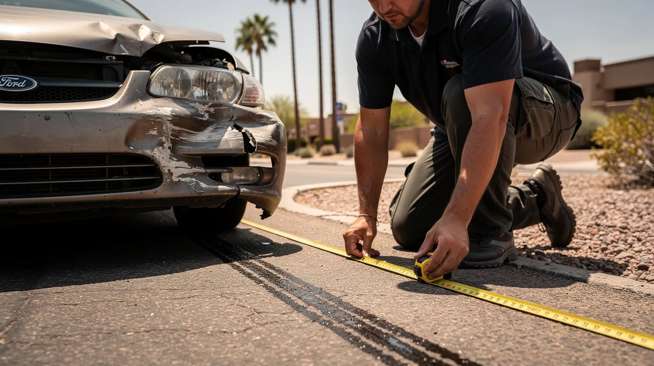 A close-up image depicts a damaged civilian vehicle at a car accident investigation scene in Phoenix, Arizona, with an investigator measuring skid marks on the dry roadway. The background features blurred palm trees and a desert environment, emphasizing the focus on evidence documentation and accident reconstruction details, relevant for personal injury claims and car accident cases.