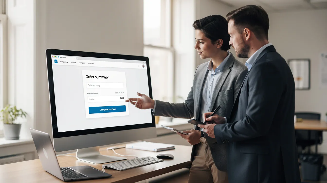 A developer and finance manager are collaborating at a desk, intently reviewing an online checkout process displayed on a desktop screen, which includes various online payment methods such as credit and debit cards. The scene emphasizes the importance of secure online transactions and effective payment processing for their business.