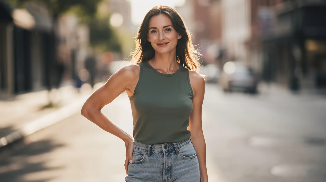 The image depicts a woman confidently wearing a sleeveless top, showcasing her toned upper arms in natural daylight. This visible improvement highlights the results of arm lift surgery, often sought after by patients who have experienced significant weight loss and wish to remove excess skin for a more contoured appearance.