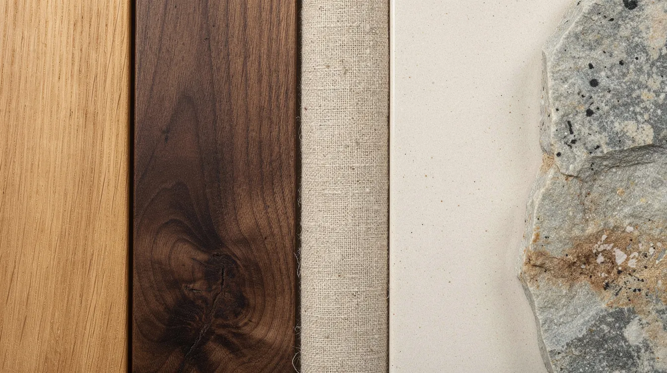 Die Nahaufnahme zeigt eine harmonische Kombination aus verschiedenen Naturmaterialien: helles Eichenholz, dunkler Nussbaum, weicher Leinenstoff, matte Keramik und ein Stück Naturstein, die zusammen eine ruhige und elegante Ästhetik im Japandi-Stil vermitteln. Diese Materialien verkörpern den minimalistischen Wohntrend, der skandinavische und japanische Elemente vereint.