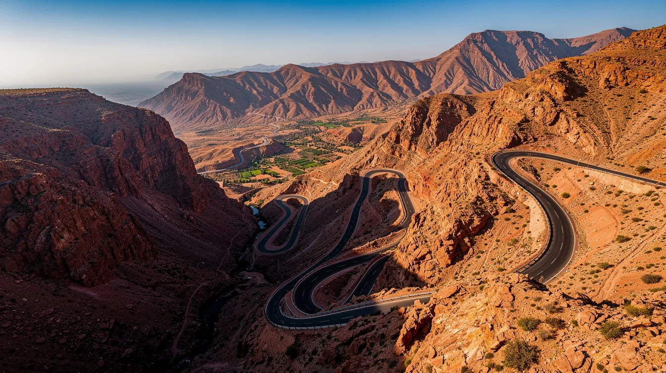 Une route sinueuse traverse les majestueuses montagnes de l'Atlas marocain, offrant des virages en épingle et des paysages rocheux à couper le souffle. Cette destination est idéale pour un road trip, notamment pour ceux qui envisagent de louer une voiture à Marrakech et explorer les alentours.