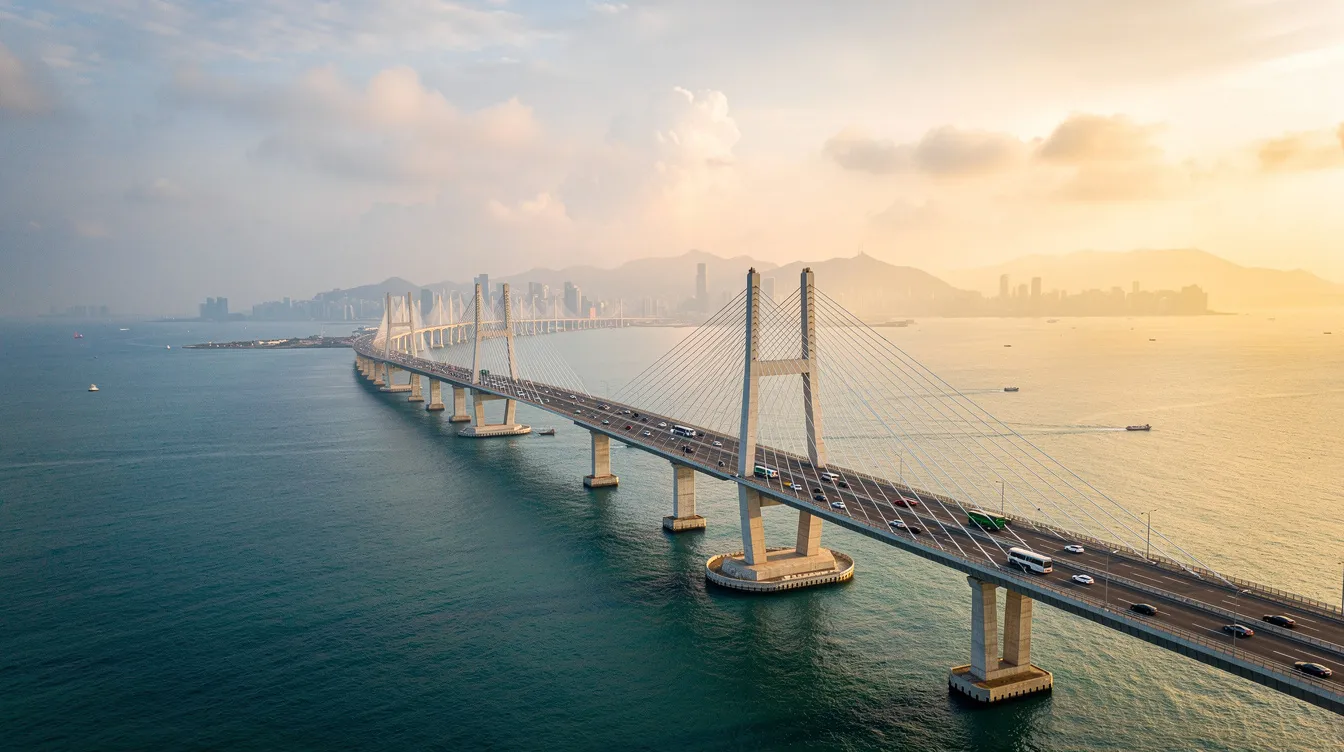 The image shows the Hong Kong-Zhuhai-Macau Bridge, a remarkable engineering feat, stretching across the water and connecting Hong Kong to the Greater Bay Area, with a stunning panoramic view of the coastal landscape. This bridge symbolizes the support for 中小企 and the growth of 中小型企業 in the region.