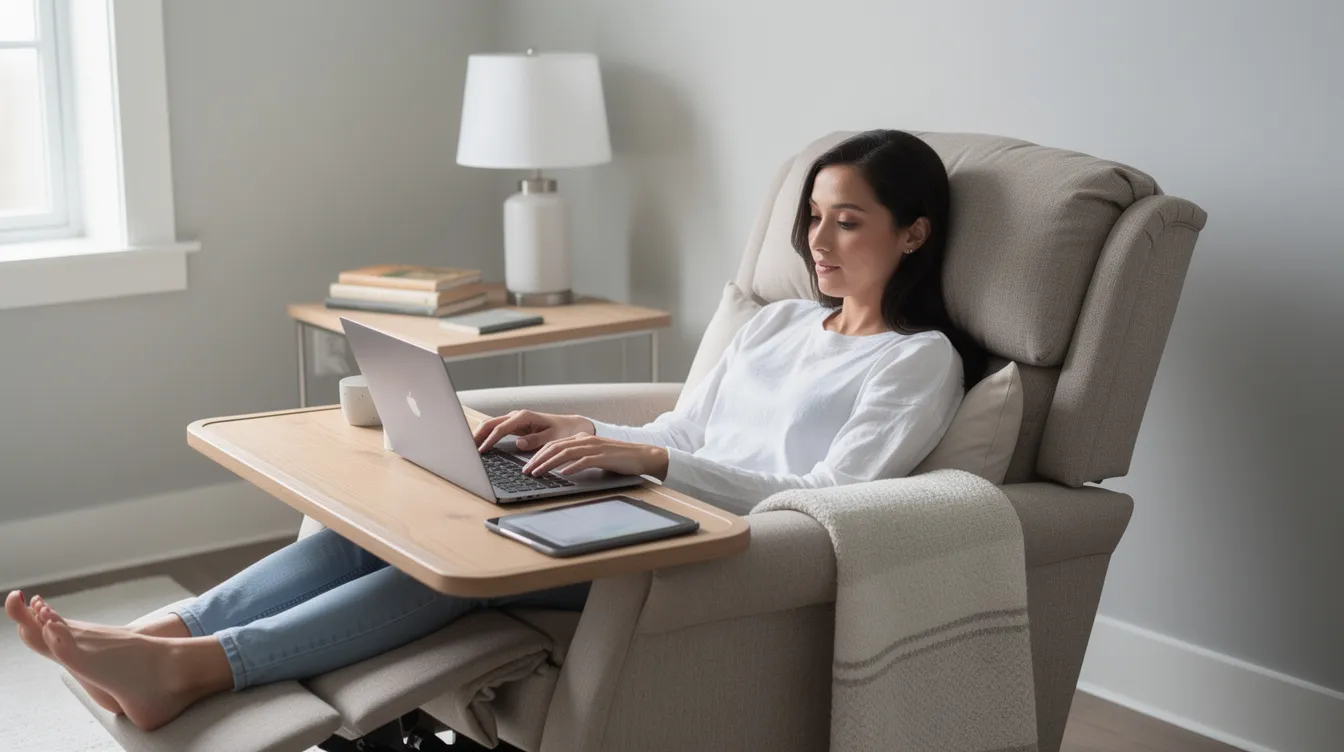 A person is comfortably seated in a recliner, using a laptop and a tablet on an overbed table that features a height-adjustable table top. The setup is practical for both work and leisure, providing easy access to devices while seated.