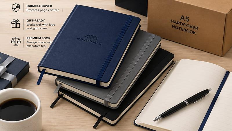 Hardcover A5 notebooks with elastic closures, ribbon bookmarks, and gift packaging
