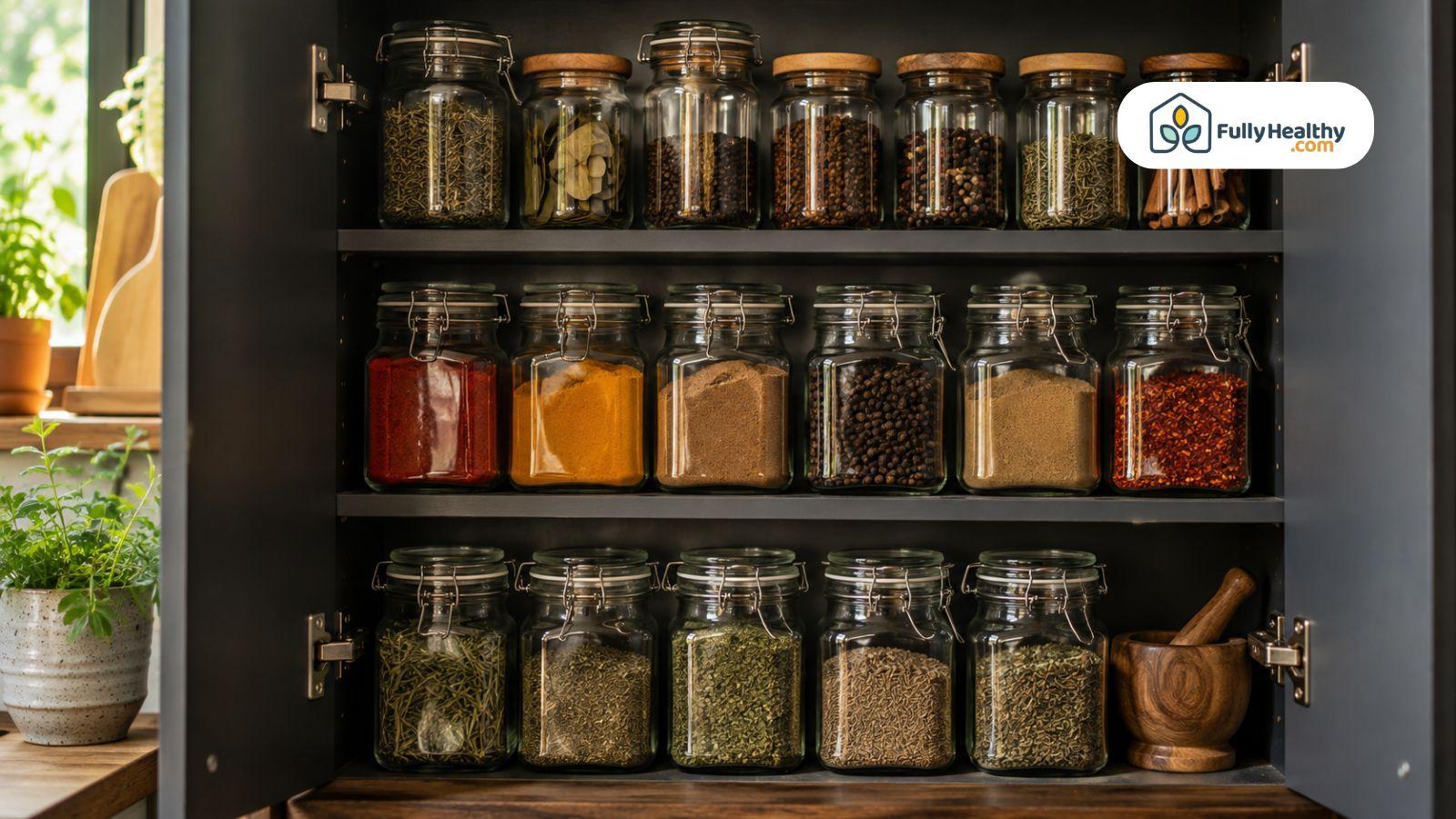 Organized spice cabinet with airtight glass jars of herbs and seasonings