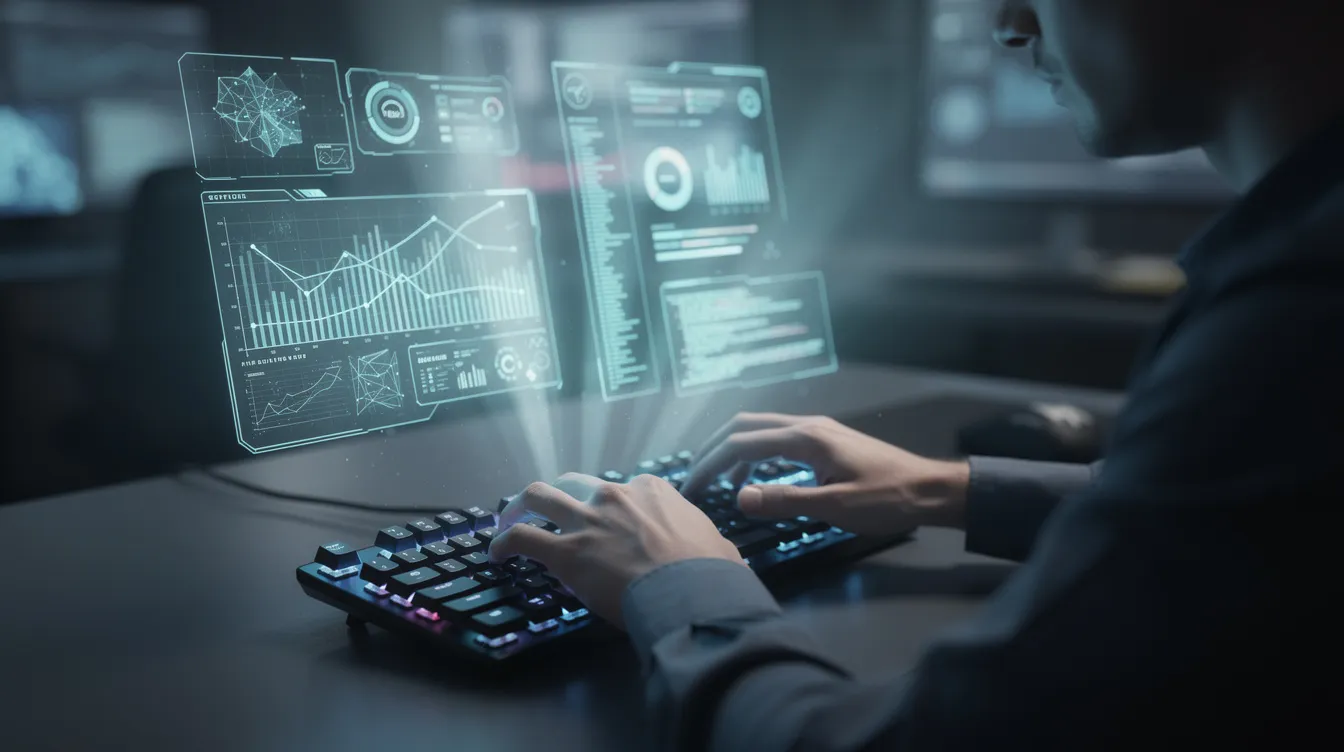 The image shows a person focused on typing at a keyboard, with a holographic data visualization hovering above their desk, illustrating key metrics related to outbound email campaigns and sales engagement. This futuristic setup highlights the integration of automation tools for optimizing sales processes and enhancing outreach efforts.
