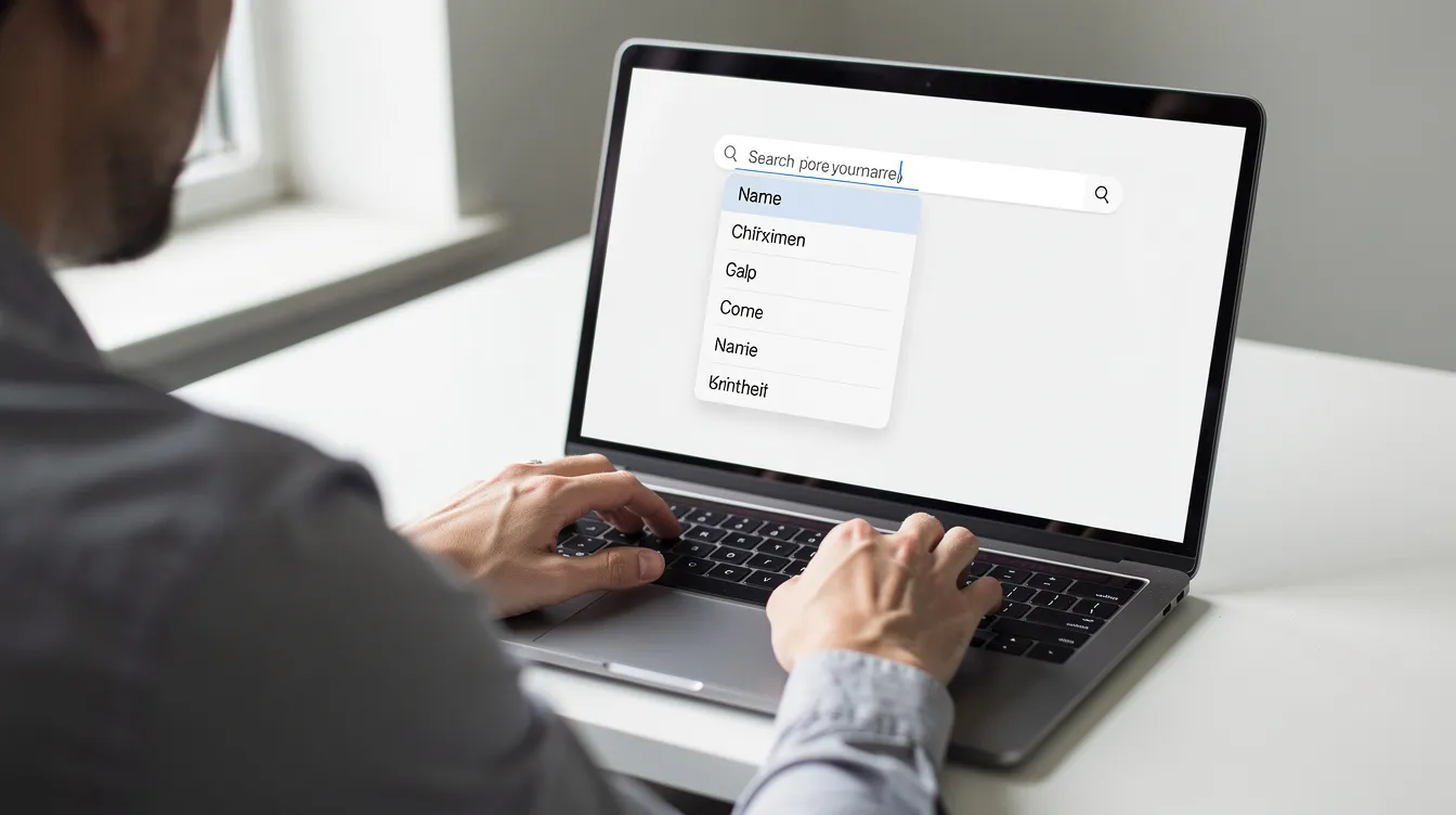 A person is seen typing a name into a laptop's Google search bar, with the autocomplete dropdown displaying various Google autocomplete suggestions based on their input. The visible predictions reflect popular searches and previous queries, illustrating how the autocomplete feature assists users in refining their search intent.