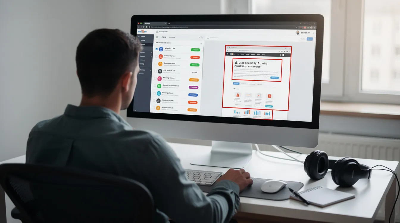 A developer reviewing automated accessibility audit results on screen