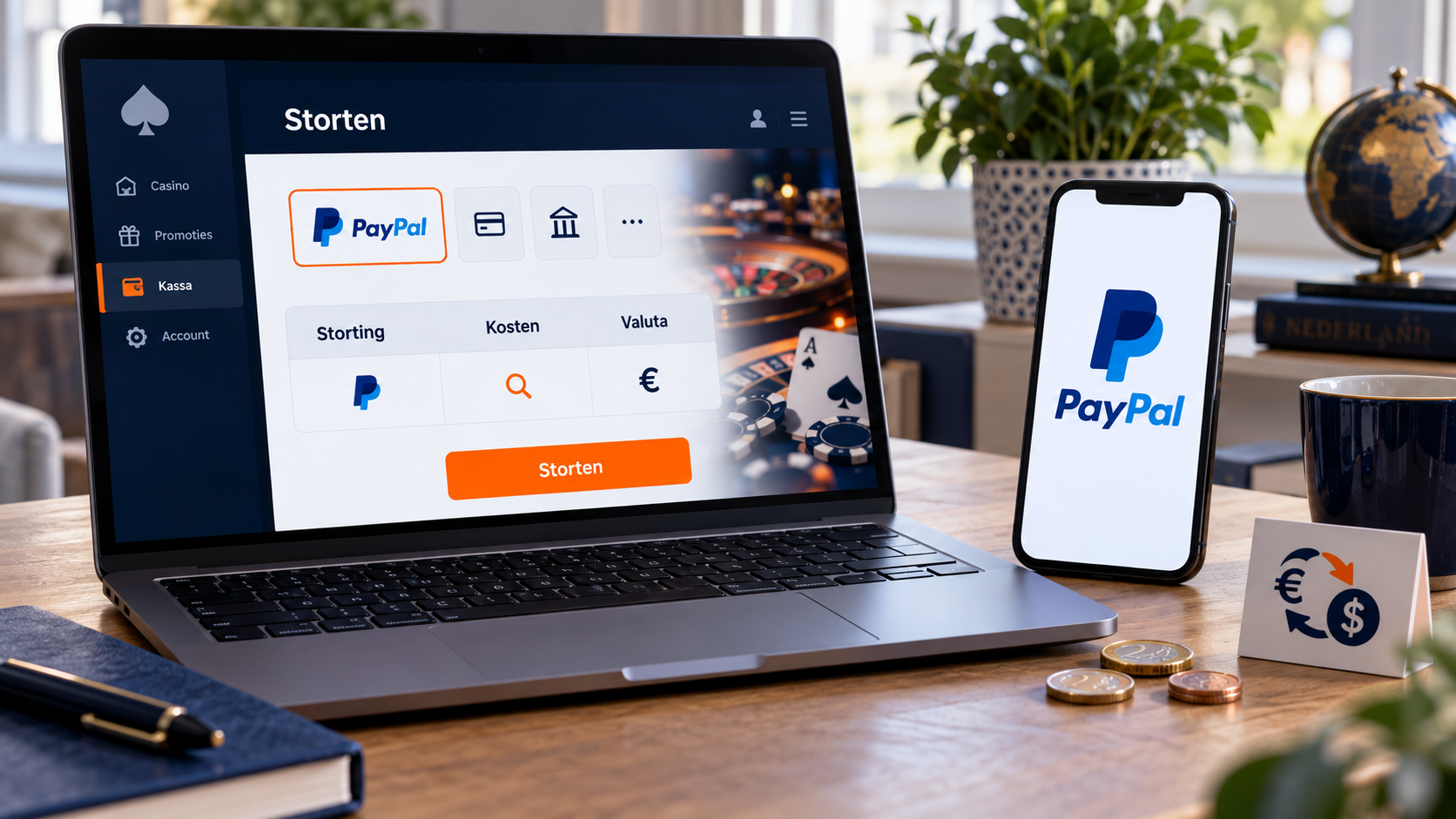 Casinokassa met PayPal als stortingsmethode en een overzicht van kosten en valuta.