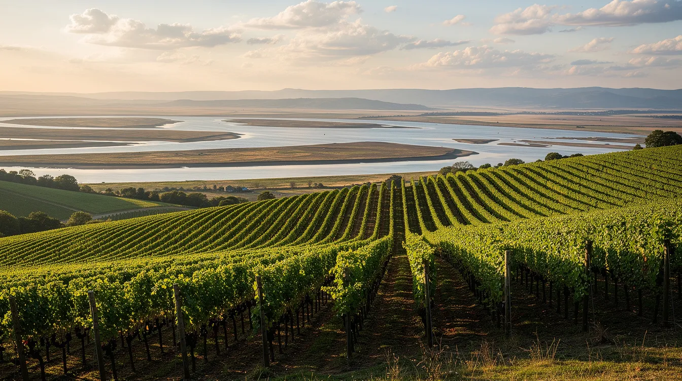 The image depicts rows of lush green vineyard vines basking in late afternoon sunlight, with a wide river delta stretching into the background. This serene landscape evokes the essence of wine tasting and the delightful pairing of Mexican cuisine and natural wines, perfect for a relaxing visit to a winery or wine bar.