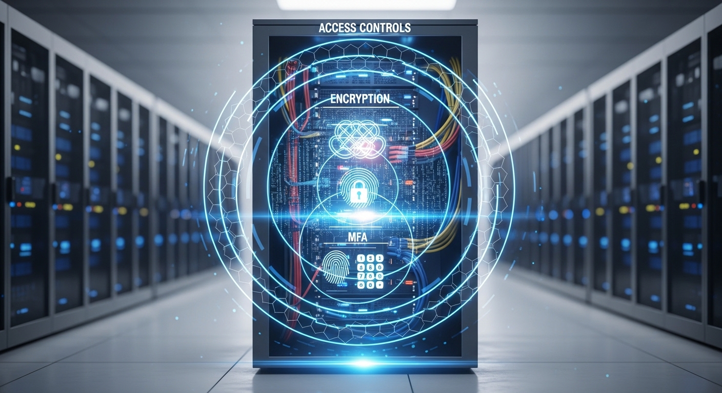 Centralized cloud server protecting business data with multiple security layers like encryption, MFA, and access controls.