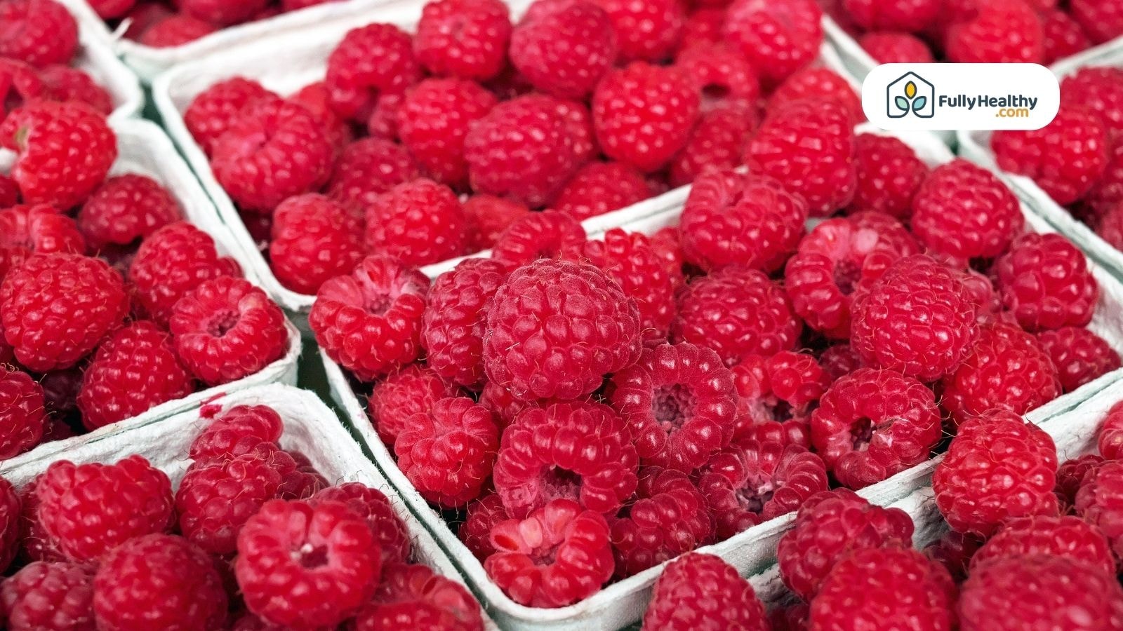 Close-up of ripe raspberries packed in green cartons at a market