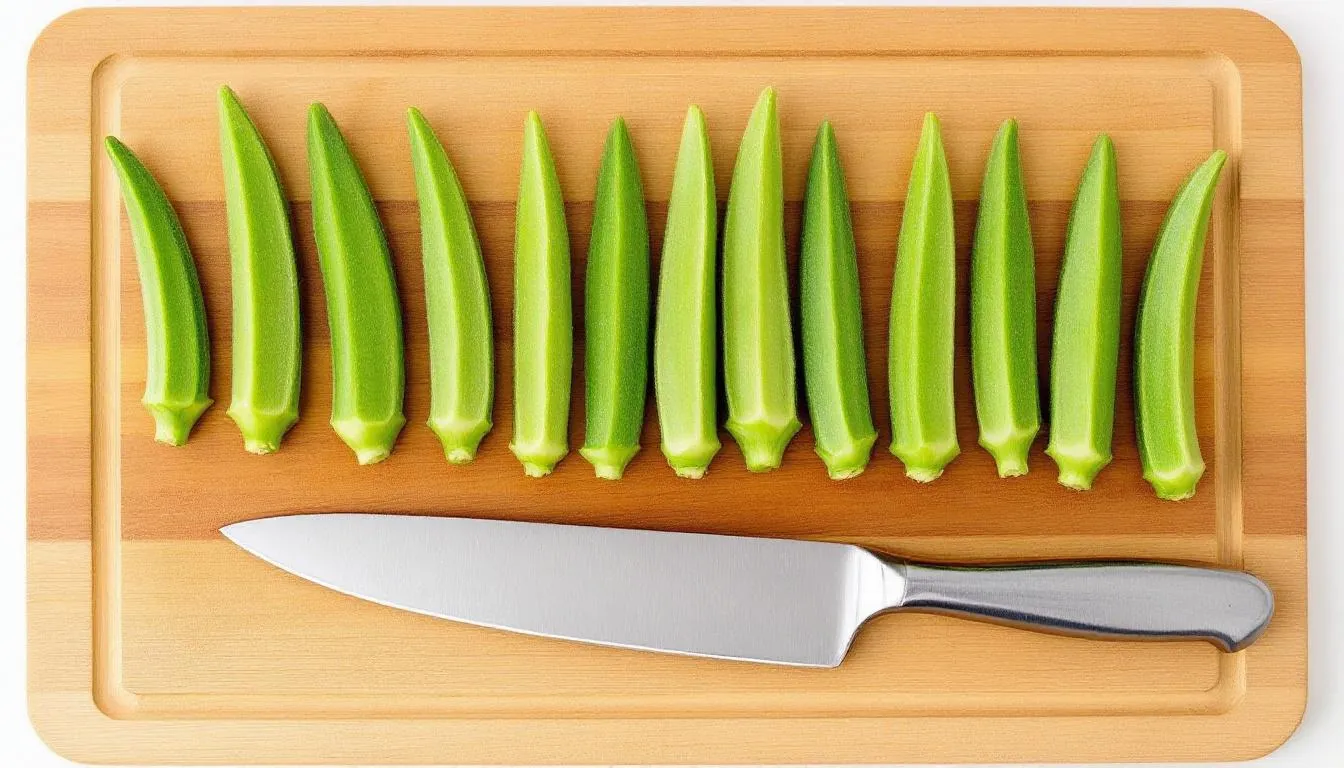 A wooden cutting board displays fresh okra pods, with a knife positioned nearby, ready for preparation. This vibrant green vegetable, known for its health benefits, can be a healthy snack for dogs when served properly.