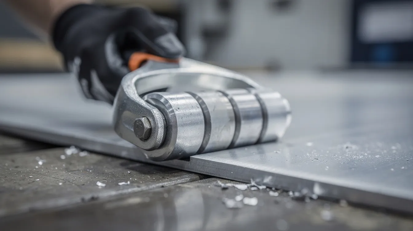 A close-up image shows a handheld edge roller tool in action, with its rollers pressing firmly against the edge of a sheet of aluminum, demonstrating the tool's effectiveness in creating smooth edges on metal materials. The scene highlights the precision and ease of use that this essential tool provides for metalworking tasks.