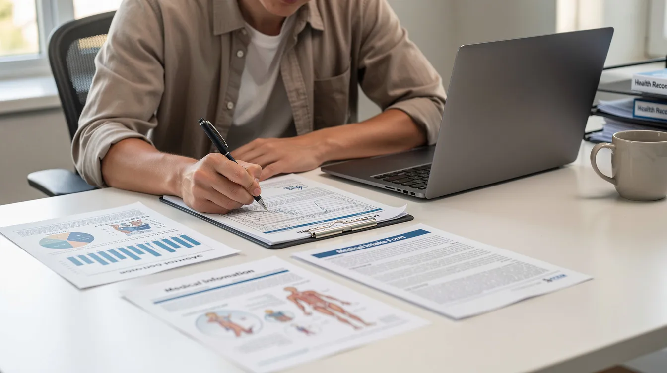 The image shows a person sitting at a desk, focused on filling out paperwork with various medical documents spread out in front of them. This scene may relate to the application process for social security disability benefits, as the individual appears to be organizing their medical records and supporting documentation.