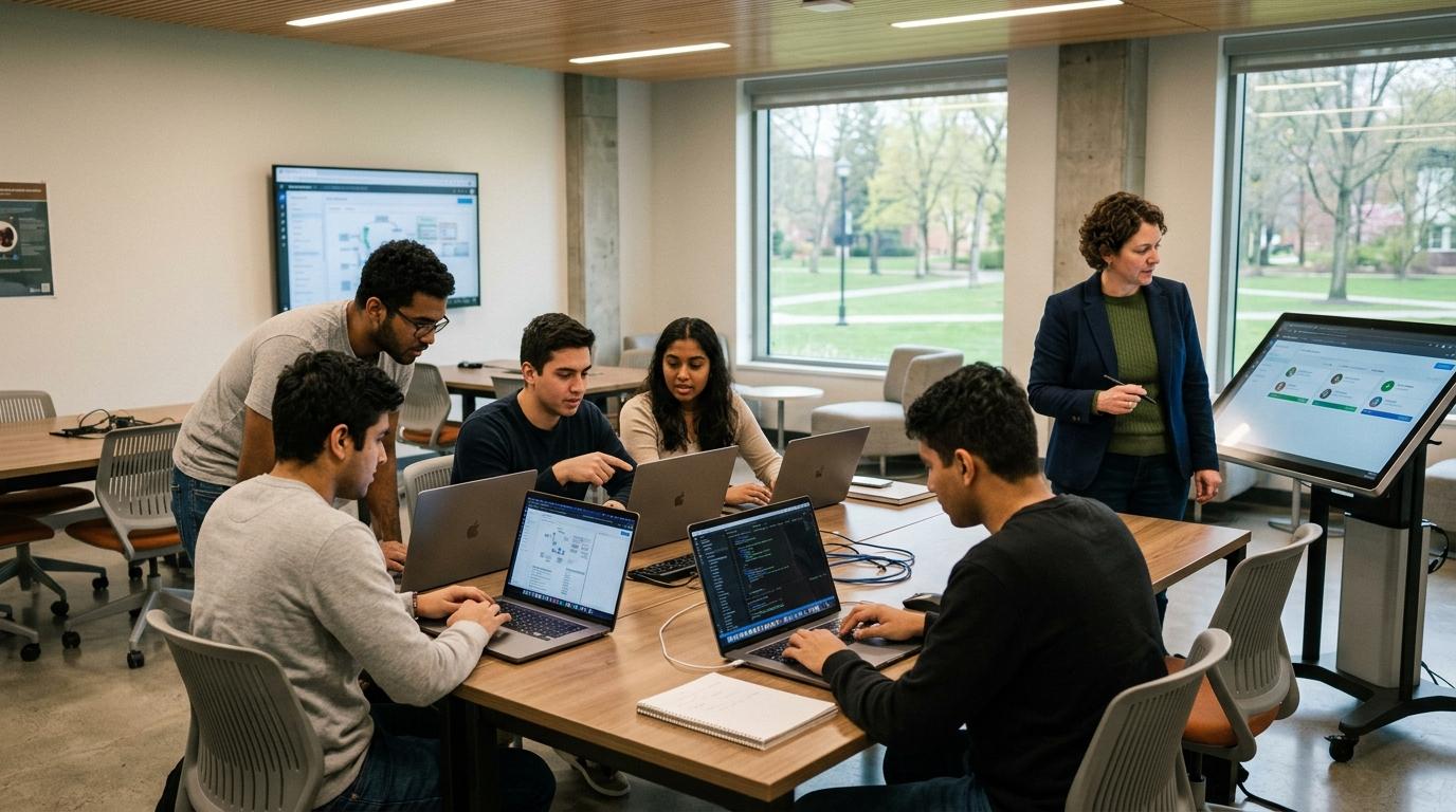 University students collaborating in a modern classroom while accessing cloud-hosted software from laptops, with an instructor monitoring progress through a digital teaching environment.