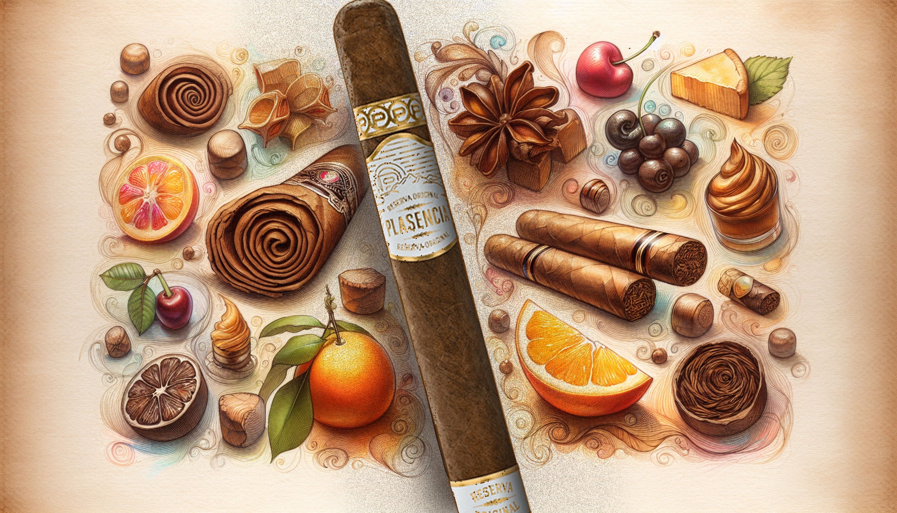 An artistic representation of a Plasencia Reserva Original Toro cigar with flavor notes.