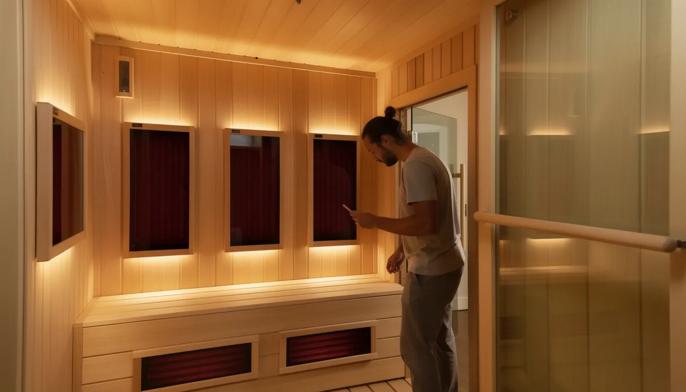 A person is inspecting the interior of a wooden infrared sauna cabin, featuring visible infrared heaters on the walls that emit far infrared heat for relaxation and detoxification. The warm ambiance suggests a sauna experience focused on health benefits, such as improved blood flow and enhanced immune system function.