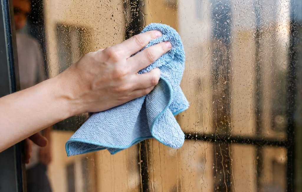 cleaning window glass with microfiber cloth