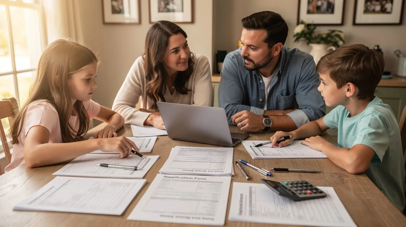 b0b645ec a8ef 455d bc05 2513720a32fc A family is gathered around a dining table, discussing various paperwork related to their financial situation, including documents like bank statements and loan application forms. They appear to be reviewing details about a mudra loan, assessing eligibility and repayment terms for their small business.