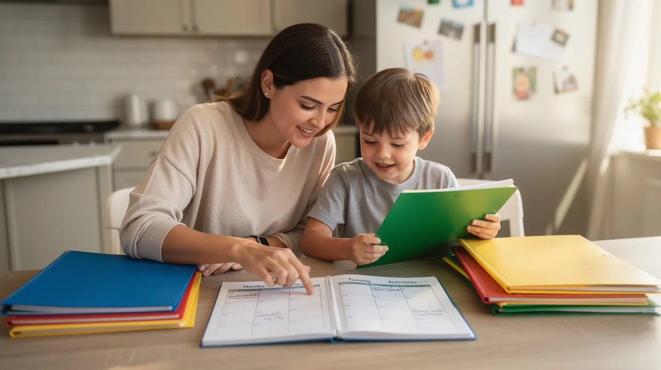 A parent and child are seated at a kitchen table, working together to organize colorful folders and a weekly planner, fostering executive function skills such as planning and completing tasks. This supportive environment encourages the child's ability to manage daily life and develop cognitive abilities essential for school success.