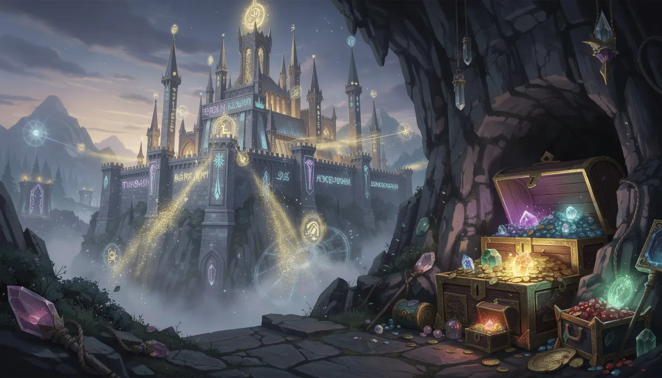 En storslagen fantasyborg med magiska inslag och glimmande skatter sträcker sig mot himlen, omgiven av mystiska ljus. Denna fantasivärld är perfekt för spelare som söker äventyr, likt de som erbjuds hos Duelz Casino.