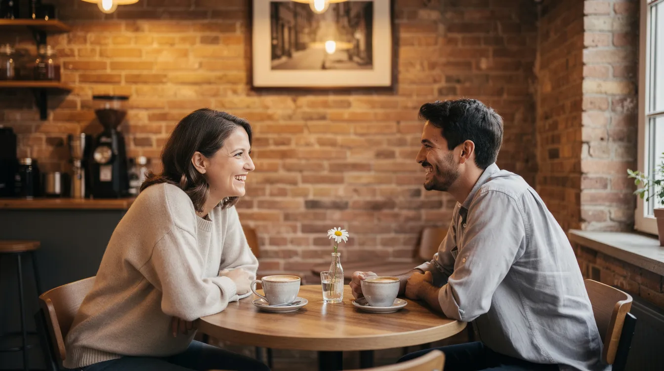 The image shows two people enjoying coffee together at a small café table surrounded by exposed brick walls, capturing a moment of connection that reflects the vibrant NYC dating scene. This cozy setting is perfect for a first date or a casual meet-up, embodying the social culture of New York City where meaningful relationships can blossom amidst the fast-paced life.