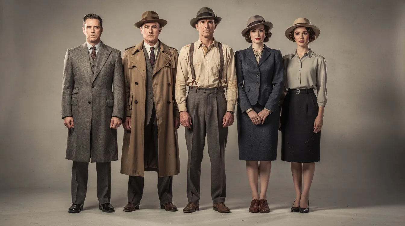Fünf Schauspieler in authentischen Kostümen der 1940er Jahre stehen in einer Reihe, ihre ernsthaften Gesichtsausdrücke spiegeln die Dramatik des Oppenheimer-Films wider. Diese Darstellung erinnert an die Zeit des Manhattan-Projekts und die damit verbundenen Herausforderungen der Wissenschaftler, die mit der Entwicklung der Atombombe beschäftigt waren.
