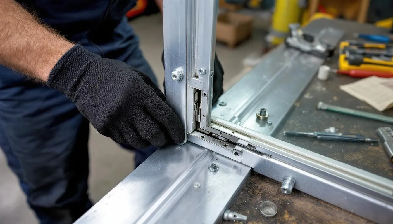 In the image, a person is installing hinge shims to fix a loose door hinge, ensuring the door aligns properly with the door frame. Tools such as a screwdriver and wood glue are visible, indicating a DIY approach to repairing stripped holes and securing the door hinges.