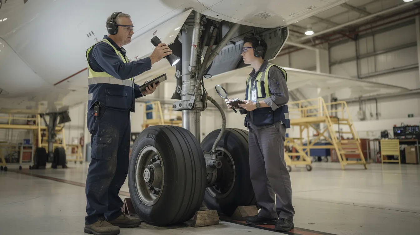 An aircraft mechanic and an apprentice are closely inspecting the landing gear of an aircraft, showcasing their hands-on training in an apprenticeship program. This scene highlights the practical skills and teamwork essential for a successful career as an aviation maintenance technician.