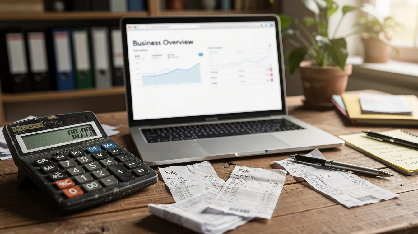The image shows a small business owner's desk cluttered with a calculator, several receipts, and an open laptop, indicating the owner is likely managing their finances, including credit card processing fees and transactions. This setup suggests a focus on payment processing and managing costs associated with accepting credit card payments.