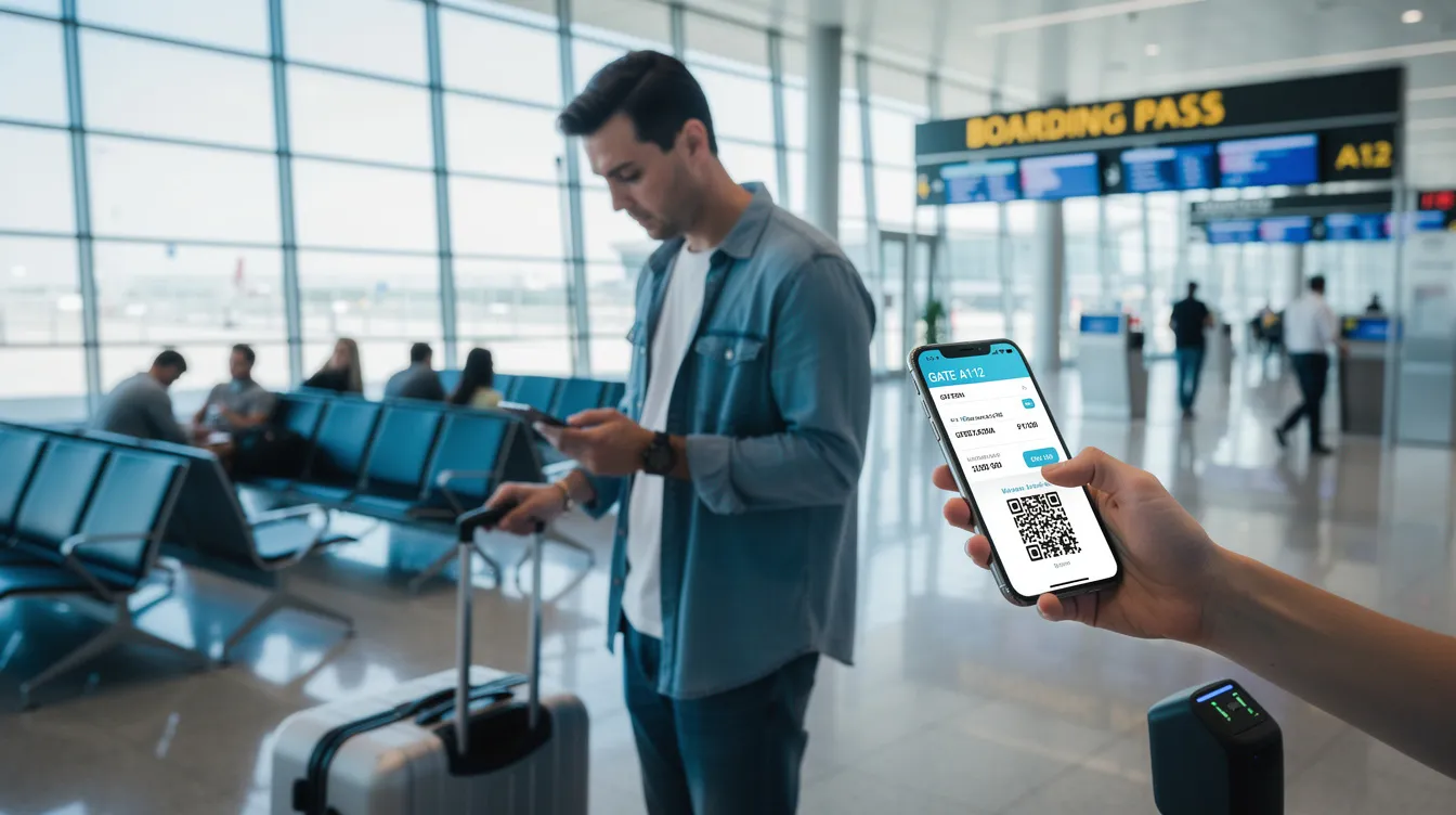 A traveler stands at an airport gate, using a smartphone digital wallet to check in for their flight, showcasing the convenience of modern payment systems in the travel industry. The scene highlights the integration of technology in business transactions, providing flexibility and security for travelers today.
