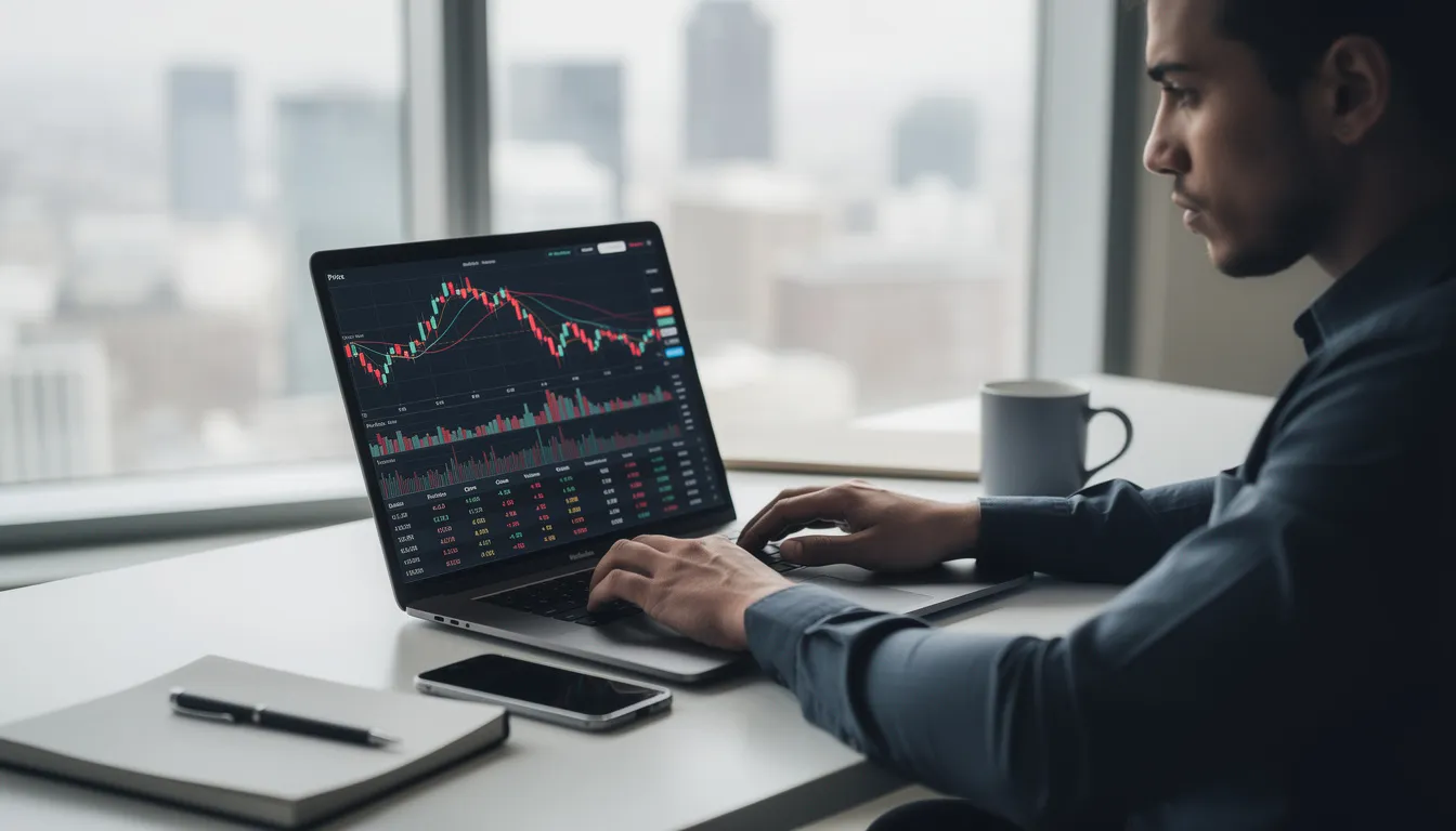 The image shows a person intently using a laptop, with financial charts and graphs displayed on the screen, likely related to retirement planning, such as calculating FERS retirement benefits and analyzing retirement income projections. The setting suggests a focus on understanding various aspects of retirement options, including the Thrift Savings Plan and survivor benefits.
