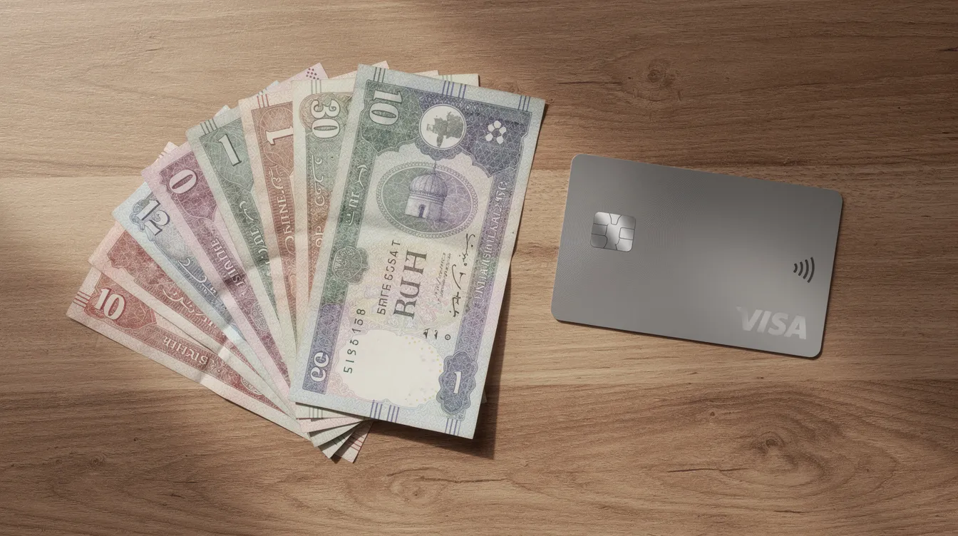 The image features several Pakistani currency notes arranged neatly beside a debit card, all set against a textured wooden surface. This composition highlights the financial elements commonly used by Pakistani citizens in their daily transactions.