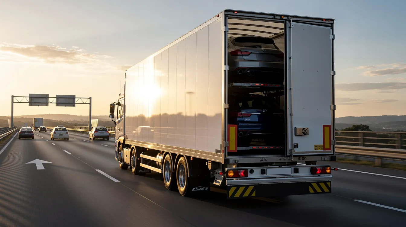 An enclosed transport trailer is seen on the highway, carrying multiple vehicles, including motorcycles, showcasing a reliable motorcycle shipping service. This scene highlights the efficiency of motorcycle transport, ensuring safe delivery while protecting the vehicles from road debris.