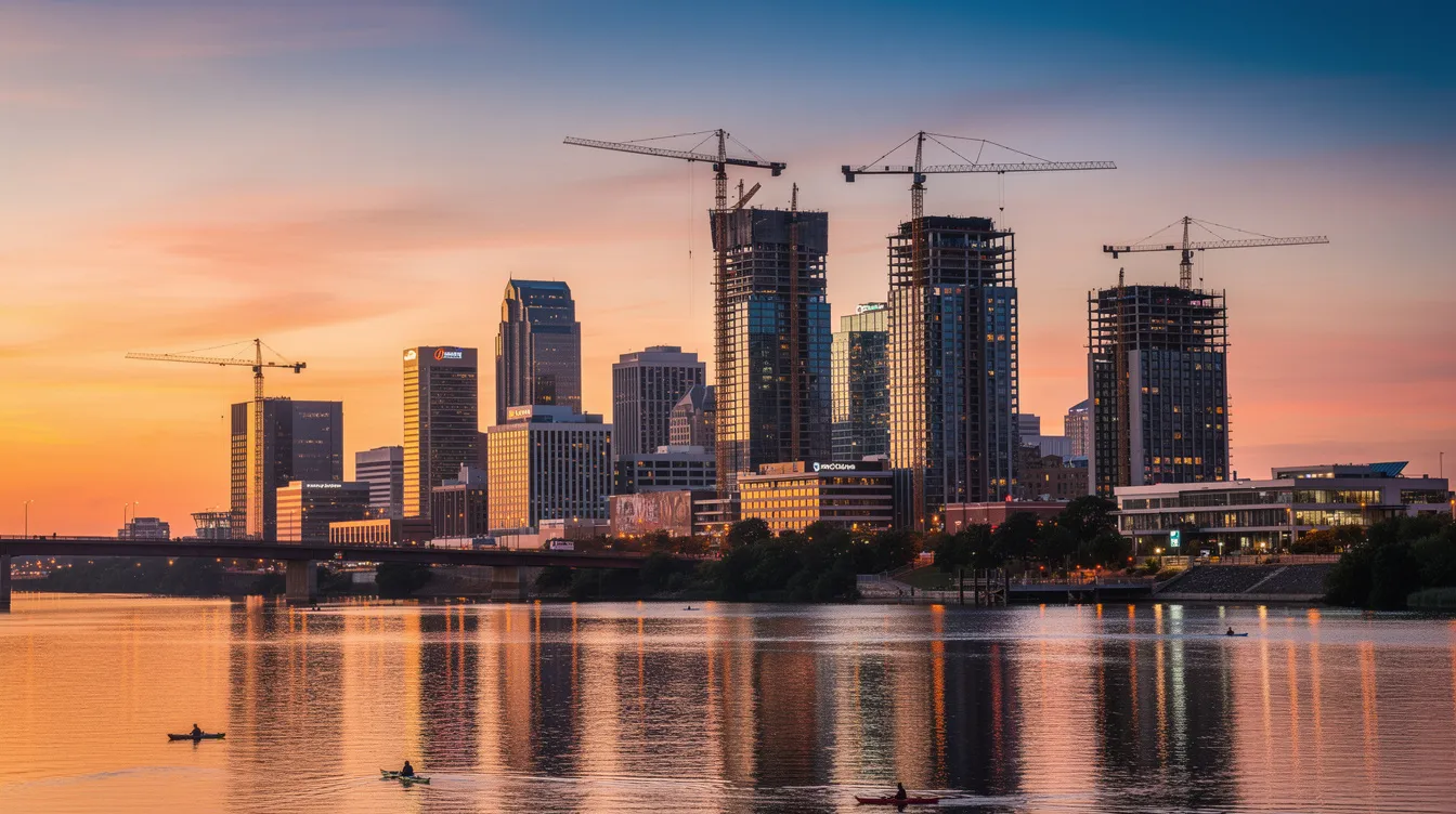 The image features the Austin, Texas skyline illuminated by a vibrant sunset, with several construction cranes silhouetted against the colorful sky, highlighting the high demand for skilled trades and the ongoing development in the area. This scene reflects the importance of skilled trade jobs in shaping the future of the city’s infrastructure and economy.