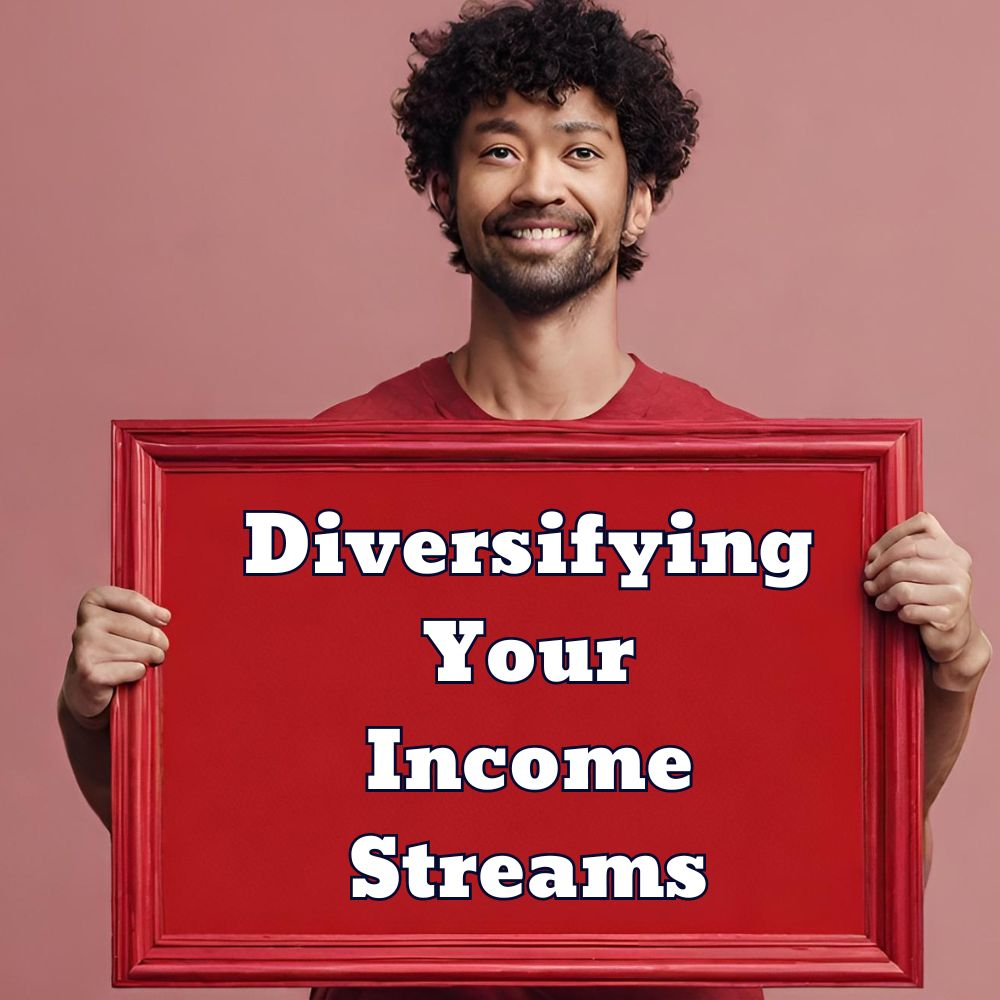 A person smiling while holding a sign with the words "Diversifying Your Income Streams"