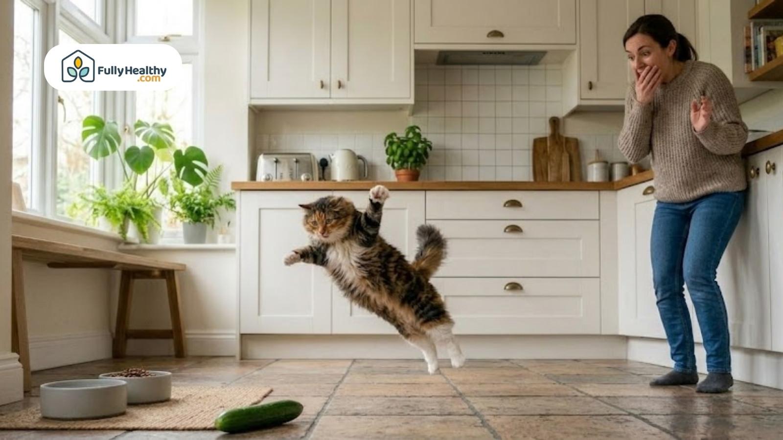 Cat jumping in surprise at cucumber while woman reacts