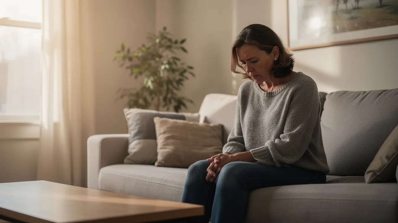 A middle-aged woman sits on a couch in a naturally lit living room, appearing fatigued and reflective, possibly experiencing menopausal symptoms such as mood swings or hot flashes. This image highlights the importance of hormone replacement therapy and its role in managing symptoms related to hormonal imbalance during menopause.