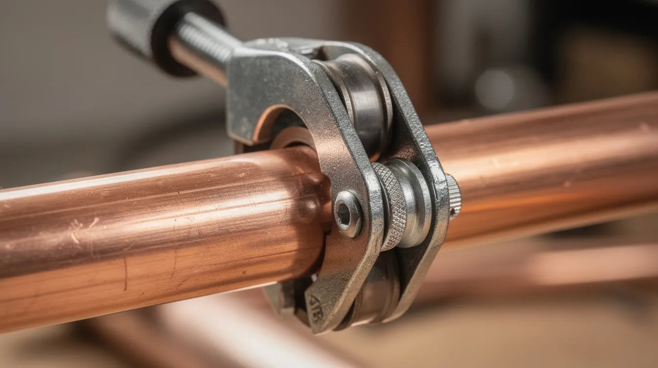 A pipe cutter is positioned on a copper pipe, ready to make a clean cut to address potential plumbing leaks. This tool is essential for a professional plumber when replacing a damaged section of the water supply line.