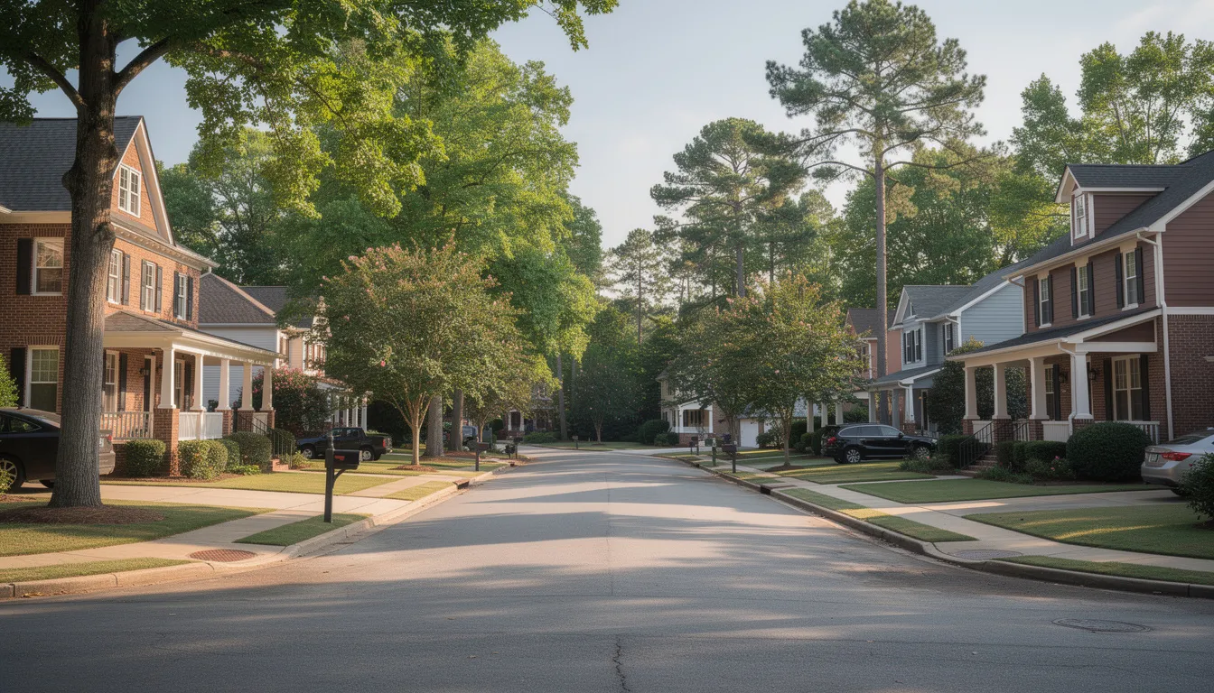 The image depicts a serene Atlanta residential neighborhood featuring a variety of homes with traditional local architecture, surrounded by lush trees. This environment emphasizes the importance of indoor air quality, as maintaining a healthy indoor space is essential for residents' well-being.