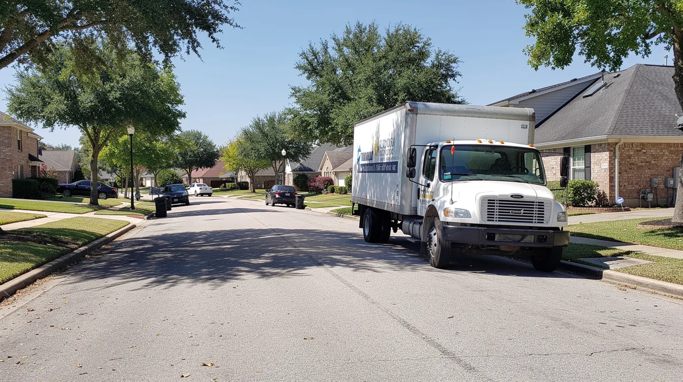 A sunny Houston street features a large commercial garbage truck parked near a residential curb, illustrating the everyday presence of such vehicles in the area. This scene highlights the importance of understanding garbage truck accidents and the potential legal complexities involved for accident victims seeking compensation for injuries or property damage.