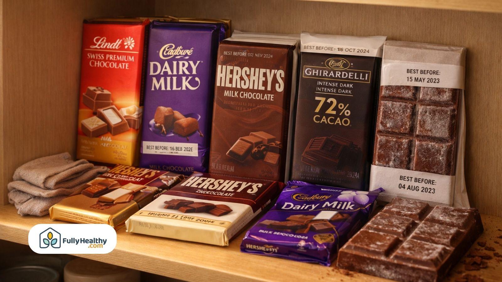Assorted chocolate bars with best before dates arranged on pantry shelf