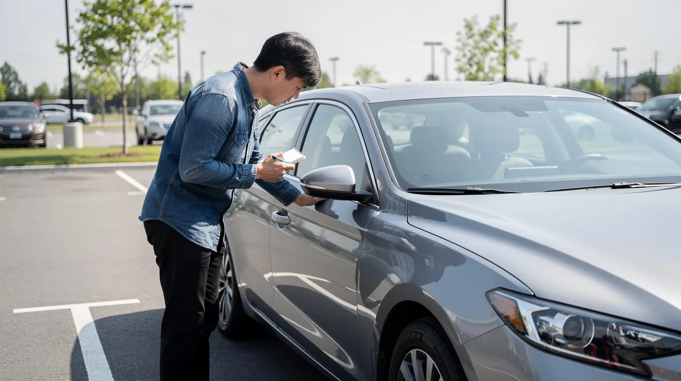 A person is inspecting the exterior of a car in a parking lot, assessing its condition and features. This scene highlights the importance of careful evaluation before utilizing auto transport services, such as those offered by Arkansas car shipping companies.