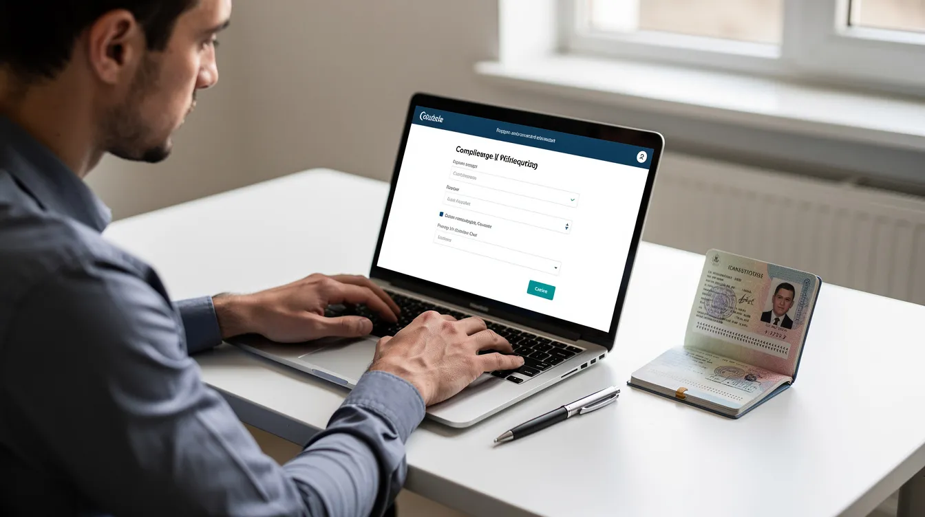 A person is sitting at a desk, focused on a laptop while filling out an online application form for a UK visitor visa. Nearby, a passport and various supporting documents, such as bank statements, are visible, indicating preparations for a trip to the UK.