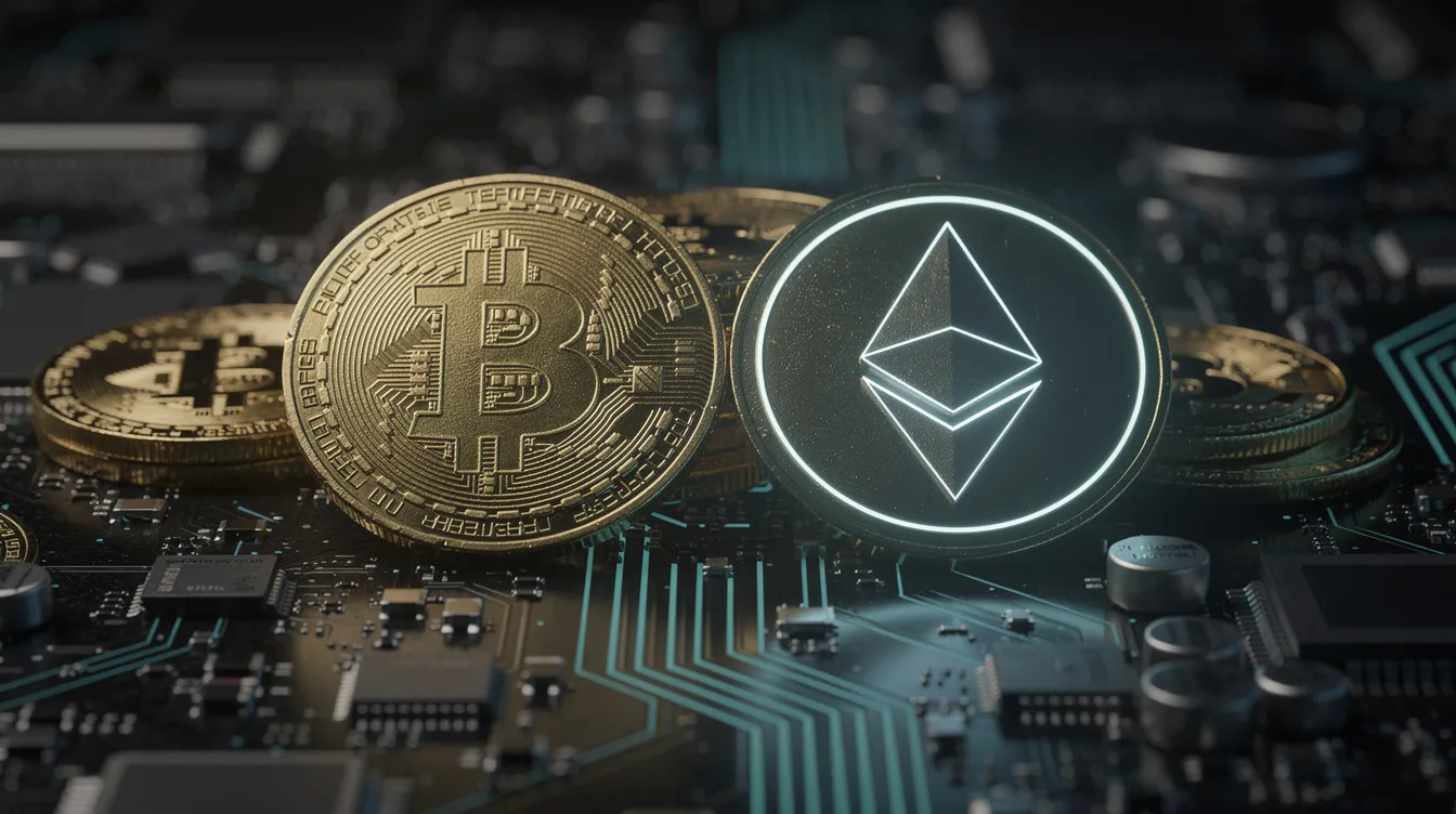 The image features shiny golden Bitcoin coins and Ethereum symbols arranged on a dark digital circuit board background, representing the world of cryptocurrency and online gambling. This visual highlights the integration of digital currencies in crypto casinos and the potential for bonus winnings in online casino games.