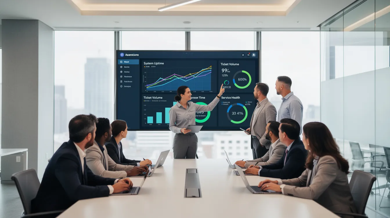 In a modern office setting, a group of professionals is engaged in reviewing a digital operations dashboard that showcases real-time data and analytics. The dashboard likely utilizes advanced AI systems to automate complex tasks and enhance decision-making processes with minimal human intervention.