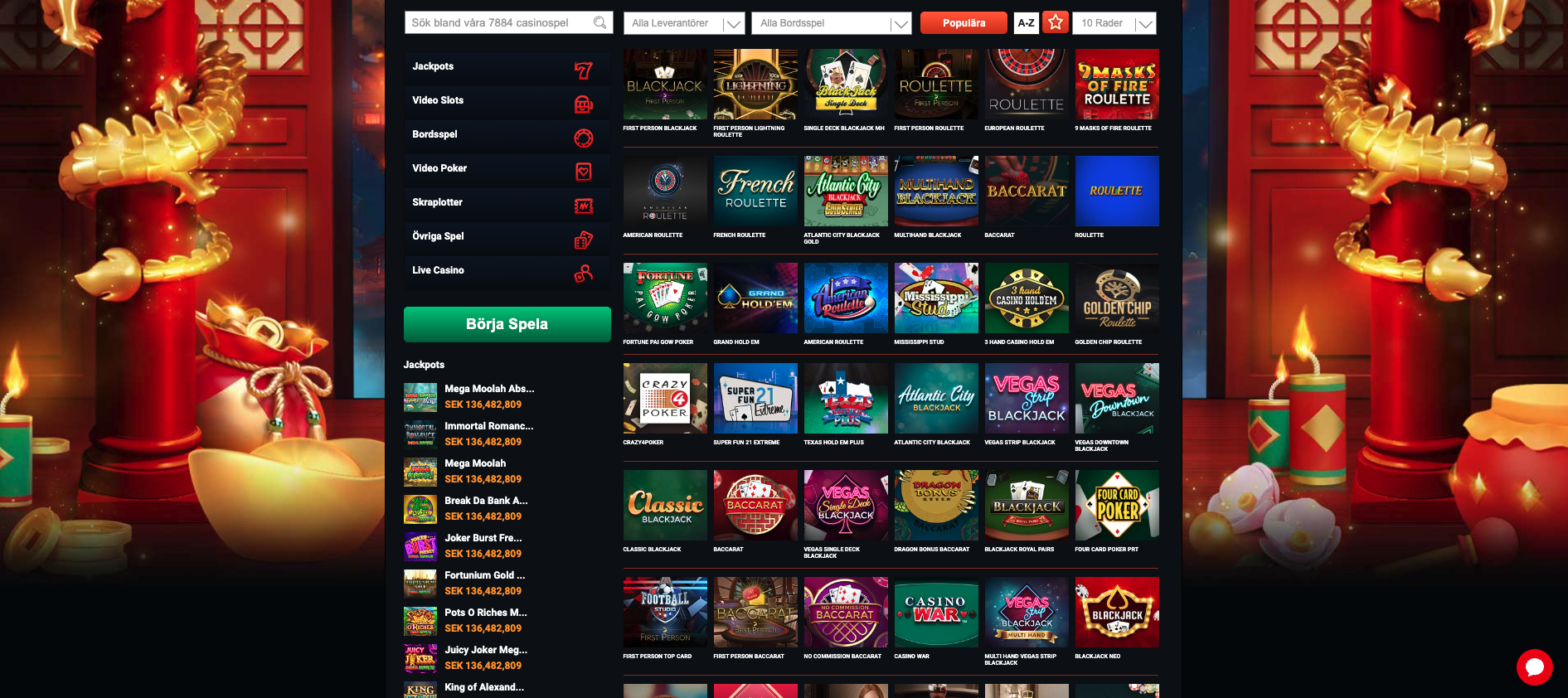 Bordsspel hos Mega Fortune med blackjack, roulette, baccarat och poker