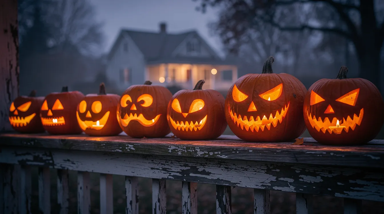 A row of carved jack-o-lanterns with glowing faces is beautifully lined up on a wooden porch railing, casting an inviting light as dusk settles in, perfect for the Halloween countdown excitement. The scene captures the essence of October, with these festive pumpkins ready to welcome guests for the big night.